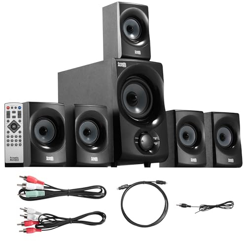 Acoustic Audio AA5172 700W Bluetooth Home Theater 5.1 Speaker System with FM Tuner, USB, SD Card, Remote Control, Powered Sub (6 Speakers, 5.1 Channels, Black with Gray)