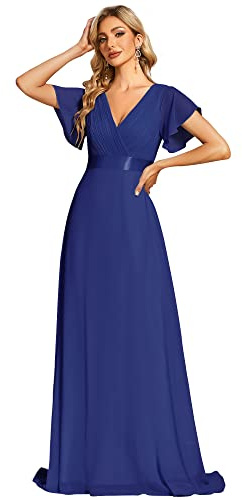 Ever-Pretty A-línea Vestido de Fiesta Cuello en V Manga Corta Gasa Corte Imperio para Mujer Azul Zafiro 52