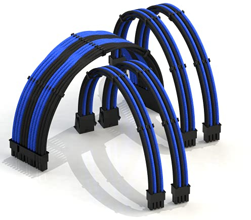 LINKUP - 30cm Super Soft and Flexible PSU Cable Extension Sleeved Custom Mod GPU PC Braided w/Comb Kit | 1 x 24 P (20+4) | 2 x 8 P (4+4) CPU | 2 x 8 P (6+2) GPU set | 300mm - BlackBlue