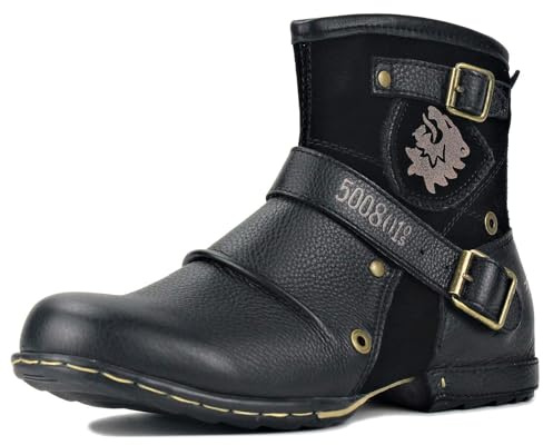 COWSDELLA Herren Stiefel aus Leder Rindsleder mit Gummisohle Biker Motorrad Boots mit Reißverschluss Retro CD-5008-1-N-S, Wildleder Schwarz US9.5(EU42.5)