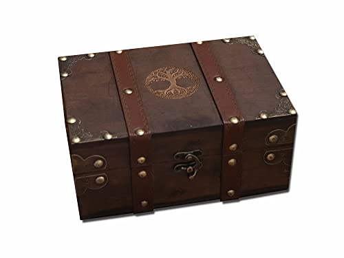 vuagmiv 8.3 Wood and Leather Chest Box, Yggdrasil Tree of Life Engraved Wooden Box with Velvet Lining, Wiccan Supplies and Tools Storage Box