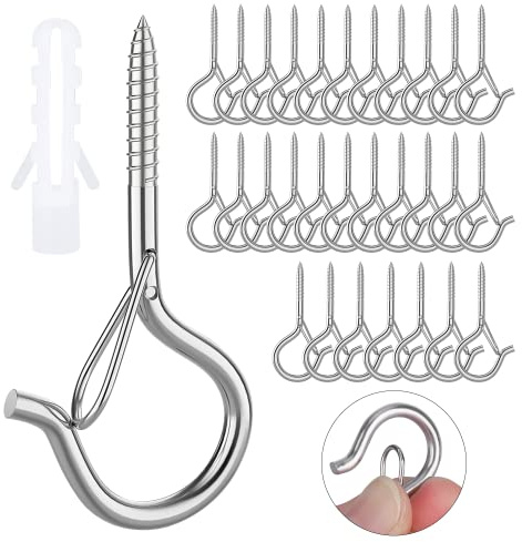 MOGADEE® 30 Stück Schraubhaken Edelstahl, Haken zum Schrauben | Schraubhaken mit Sicherung, Deckenhaken, Hakenschrauben zum Aufhängen Pflanzenkörben Weihnachtsdekoration Christmas lights