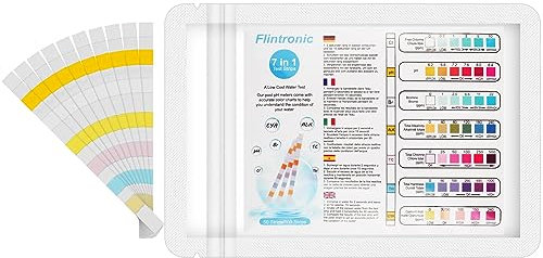 Flintronic Tiras de Prueba de Agua 7 en 1, Tiras PH Piscinas para Probar Dureza Total, Cloro Total, Bromo, Cloro Libre, PH, Ácido Cianúrico y Alcalinidad Total, para Piscina, SPA-100PCS-2 Bolsos