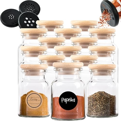 GIESSLE Gewürzgläser Set, 15x Vollholz Deckel ohne Leim & 150ml Glas | Gewürzbehälter aus dickes Glas und Gewürzdosen - für Gewürze und Kräuter, passend für Schublade und Regal