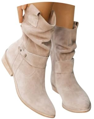 Minetom Stivali da Donna Stivaletti in Camoscio con Tacco Grosso A Punta retrò Cowboy Western Scarpe con Cerniera Laterale A Beige 42 EU