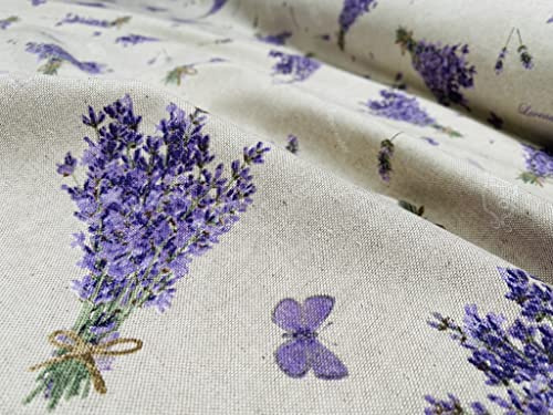 Lavender Lilac Butterfly Linen Look Print Fabric Floral Curtains, Home Decor, Upholstery - 140cm Wide (Sold by the Metre) (PER METRE)