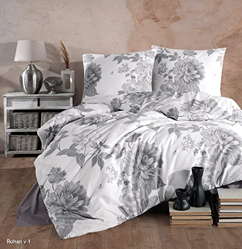 ZIRVEHOME Bettwäsche-Set 200x220 Baumwolle 3-teilig, Weiß mit Grauem Blumenmuster bettbezug Renforcé Kissenbezug 80x80 cm, Rohan V1