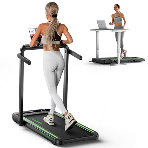HomeTro Cinta de Correr Plegable, 1-14 KM/H, 2.5HP Cinta de Andar con Dos Pantallas Táctil LED, 12 Modos de Ejercicio, App y Control Remoto Inalámbrico, Negro y Verde
