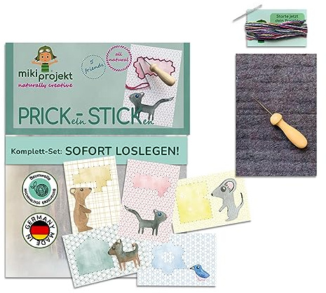 miki projekt 2in1 Premium Prickelnadel Set inkl. Stickbilder, Wollfilz - ohne Plastik, made in Germany - Sicheres Prickeln & Sticken Set aus unbedenklichem Premium Material - Prickelset