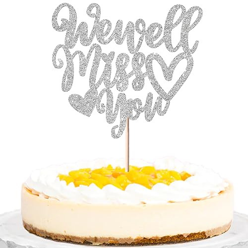 Xsstarmi 1 Pack Glitter We Will Miss You Cake Topper Going Away Cake Topper Farewell Cake Toothpick for Job Change Retirement Graduation Party Cake Decorations Silver