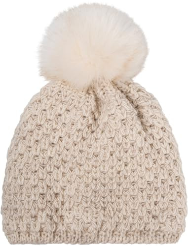 styleBREAKER Cappello a Pompon per Bambini all'Uncinetto con Motivo a V, Fodera in Caldo Pile Termico, Cappello Invernale a Pompon in Pelliccia, 2-4 Anni 04024208, Colore:Beige
