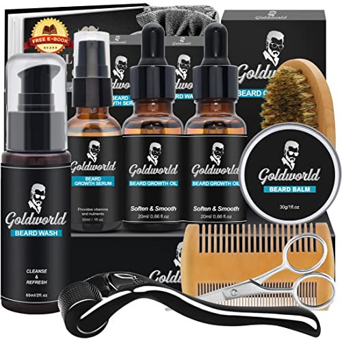 Beard Growth Grooming Care Kit for Men w/Derma Roller Hair Growth,Fathers Gifts Day Set for Dad Him Stocking Fillers Mens Boyfriend Husband w/Beard Oil,Beard Wash/Shampoo,Balm/Wax Comb Brush
