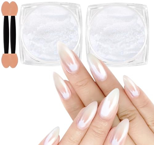 Allstarry Chrome Nail Powder, 2pcs Weiß Perle Pigment Für Nägel Iridescent Aurora Cromepulver Nägel Nails Metallischer Spiegel Effekt Glitzerpuder für Nail Charms Nail Art Nageldesign