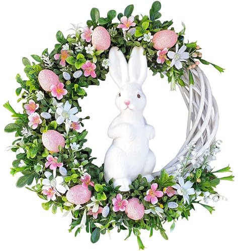EXQUILEG Türkranz mit Ostereiern, handgemachter Osterkranz, Rattan Deko Kranz, Türkranz Frühling Ostern mit Hase und Blumen, Osterdeko (Rosa Hase)