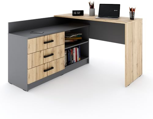 Marlux-Meble Schreibtisch mit Schubladen 3 und Regalen 2 | Eckschreibtisch Grau Matt - Wotan-Eiche | PC Schreibtisch L Form (Omega Schreibtisch Holz 131x120x76 cm)
