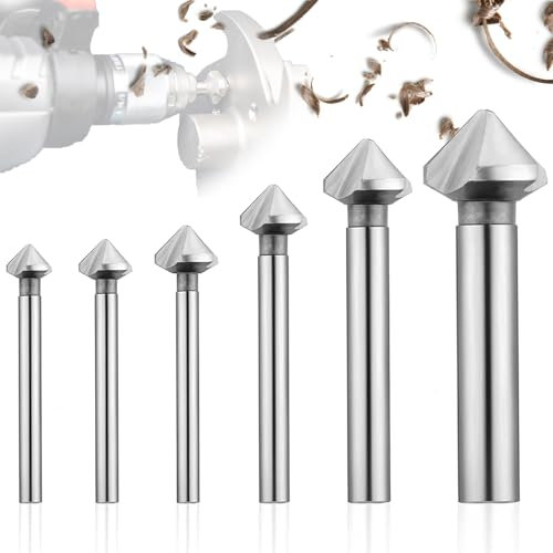 Mikqky 6 Stück Kegelsenker Satz Metall Hss, 90° HSS Senker Entgrater Set, Kegelsenker Set Profi aus HSS Stahl, Schnellarbeitsstahl-Senkbohrer-Set, Senker(6,3/8,3/10,4/12,4/16,5/20,5mm)
