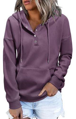 heekpek Sudadera con Capucha Mujer Cuello V de Botones Sudadera Mujer Invierno Fleece Casual Suelto Hoodie Sweatshirt con Bolsillo