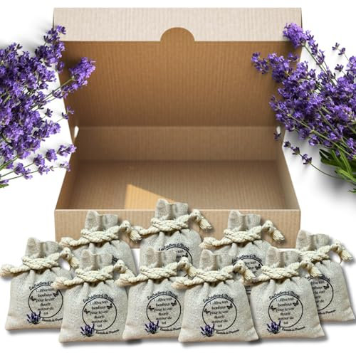 Coffret Moments in Provence | Sachets Parfumés à la Lavande x9 | Origine France Remplis à la Main | Senteur Intense pour Armoires Placards Linge & Anti-Mites | Aspect Lin Coton & Citation Positive