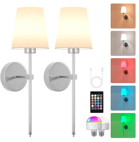 Sobrovo Akku Wandleuchte Innen, RGB Dimmbare, USB Wiederaufladbar, Wandlampe mit Fernbedienung für, Schlafzimmer, Flur und Treppenhaus,GebüRstetes Nickel