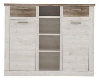 möbelando Highboard >Duro< 2 Türen, Pinie Weiss/Eiche Antik Dekor - 159,6x128,3x41,3cm (BxHxT)