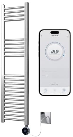 Greened House Chrome Electric WiFi Heated Towel Rail 300mm W x 1200mm H | Smart WiFi Controlled, Flat Design, 7 Day Programming, App Compatibility