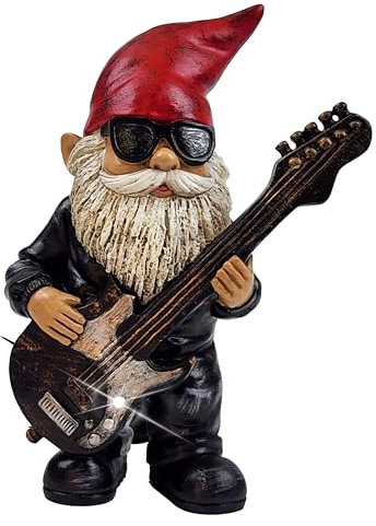 Better Office Products Garden Gnome Statue, 8 Height, Handcrafted Waterproof, UV-Resistant Polyresin Lawn Patio Porch Ornament Decoration (Rock Star with Solar Light)