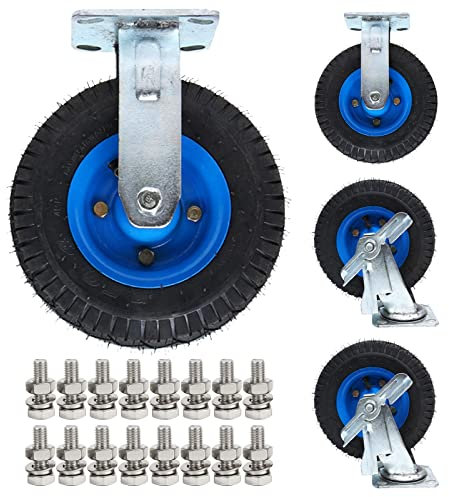 PWOBFBAZ 8 Zoll 10 Zoll Lenkrollen 4er-Set Schwerlast 1300 lbs, Schwerlast-Gummi-Lenkrolle mit Seitenbremsen, pneumatische Industrie-Lenkrolle - Luftbereiftes Innenrohr/Stahlnabe