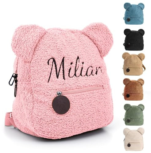 Personalisierte Rucksack Kinder mit Gestickt Name, Mini Kinderrucksack für Mädchen Junge, Kita Rucksäck Kleinkind, Klein Teddy Bär Kindergartenrucksack Schulranzen Tasche für Kindergarten (Rosa)