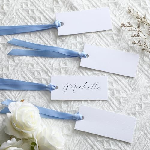 Humyoun 50 Pcs Name Place Cards for Table Setting Blank Wedding Place Cards with Satin Ribbon 1.57 x 3.54 Inch Hanging Gift Tags for Wedding Dinner Banquet Party Table Setting Supplies(Blue)