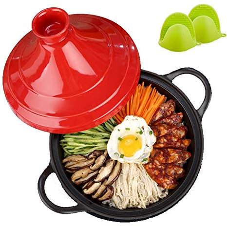Cast Iron Moroccan Tagine Pot, Casserole Dishes with Lids Cast Iron Tagine Pot, Moroccan Tajine with Enameled Cast Iron Base and Silicone Gloves (Red)