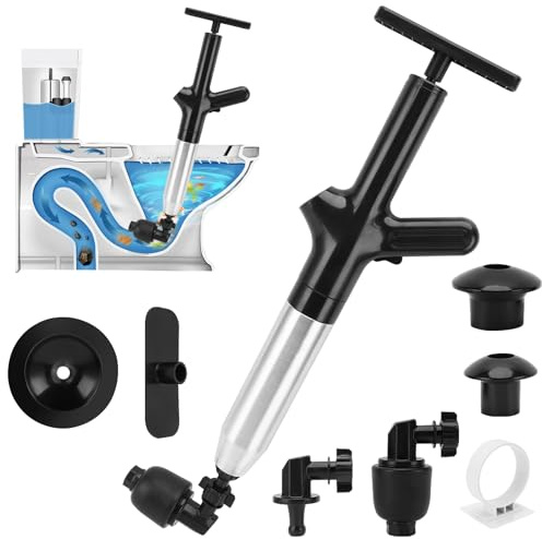 MEKOTRIN Toilet Unblocker Heavy Duty, Toilet Plunger for Unblocking, Black Sink Plunger with 4 Replaceable Heads, Inflatable Footbed & Holder Sticker for Kitchen Bathroom Floor Drain Pipe Clog Drain