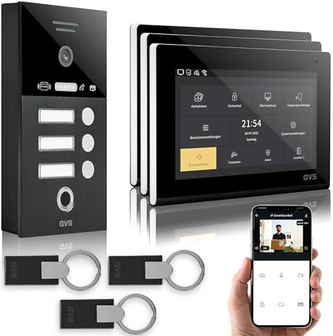 GVS Video Türsprechanlage 3 Familienhaus RFID + Fingerprint - 3x7 Monitor | Smarte Video Türklingel mit Kamera und Monitor & App - Gegensprechanlage mit Türöffner, RFID & Fingerprint (AVS5291A)