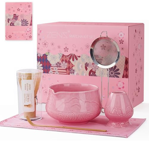 ZENS Premium Matcha Set, 6pcs Matcha Kit & Matcha Whisk Tools, Pink | Ceramic Matcha Set Icludes Ceramic Bowl, Bamboo Whisk, Chasen Holder, Scoop, Sifter & Tea Mat for Latte Making