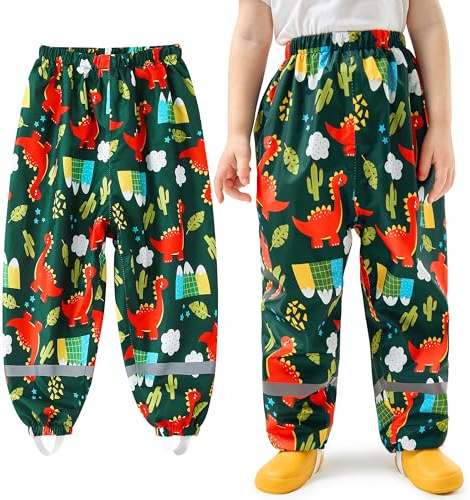 Baogaier Pantalon de Lluvia para Niños, Impermeables y Resistentes al Viento, Dinosaurio Verde Oscuro Pantalones Reflectante para Barro, sin Forro, Deporte Pantalones para Niña Nino 7-8 años