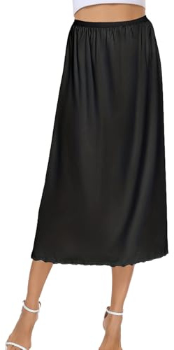 Brinkina Black Large Half Slip 35 Length – Lightweight Satin Non Cling Slip Skirt with Lace Trim, Anti Static Underskirt for Maxi/Midi Dresses (106Black,L)