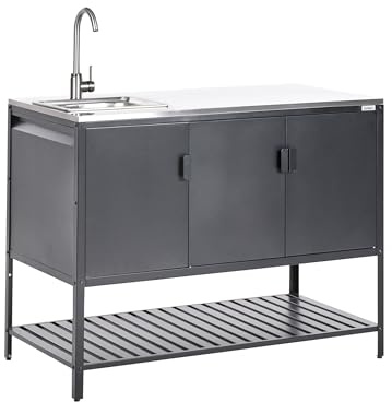 Outdoor-Küchenschrank Stahl schwarz mit Spüle Edelstahlplatte silber Maenza