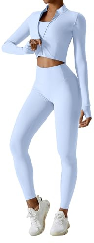 IDOPIP Sport-Set Damen 3-teilig mit Sportjacke: UV-Schutz Gym Set Laufjacke mit Daumenschlaufen + Leggings + Sport BH - Sportkleidung für Fitness, Yoga und Pilates