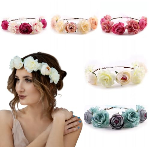 Blumenkranz Haarband 5er Set – Handgemachte Blumenkrone für Damen & Mädchen – Boho Haarkranz mit Band für Hochzeit, Festival, Junggesellinnenabschied, Sommerparty, Fotoshooting