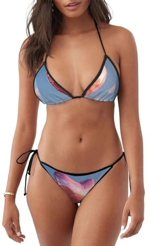 WHJSHOP Women's 2 Piece Bikini Swimsuit Floating Love Balloons Printed Triangle Bathing Suits, Black, Large