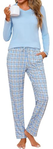 Jahetuul Pyjama Femme en Coton avec Pantalon à Carreaux avec Poches | Coton doux, taille élastique, poches pratiques, à carreaux pour la nuit, la détente et les moments à la maison.