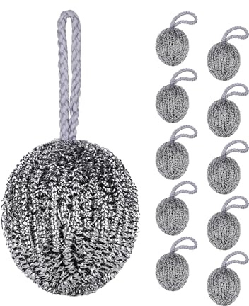 NiHome 10-Pack Steel Wool Scrubbers for Kitchen Cleaning, Stainless Steel Scourers with Hanging String, Reusable Rust-Resistant Scrubbers for Pots, Pans, Grill Racks, Sinks, Cast Iron