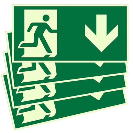 4 Stück Notausgangsschild Nachleuchtend, Schild Notausgang Pfeil nach unten, Selbstklebend Fluchtwegschild Rettungsweg, Fluchtwegschilder Notausgang Schild Rettungswege 300x150mm