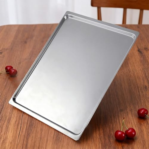 Tidevib Teglia da forno in alluminio, 43,5 x 31,5 cm, per uso in forno, superficie antiaderente, per pane, torte, biscotti, con bordi rinforzati, pentole da cucina color argento
