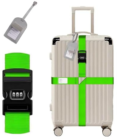 Koffergurt Mit Zahlenschloss,Verstellbare Kofferband mit Gepäckanhänger,Farbenfrohe Kreuzgurt Kofferbänder,Schnell erkennbares Gepäckband – Premium-Zubehör für Reisetaschen Verschluss.(Grün)