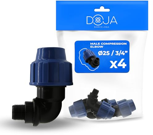DOJA Barcelona Gomito Maschio MDPE 90 Gradi - Pack 4-25x3/4 - Facile Installazione, Gomito a Compressione per Tubo Acqua, Materiale Resistente, Raccordi Polietilene, Connettore Curvo per Tubi PE