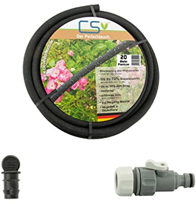 20m CS Perlschlauch Premium mit Durchflussreduziertem Regulierventil und Endstopfen für die Gartenbewässerung mit bis zu 70% Wasserersparnis