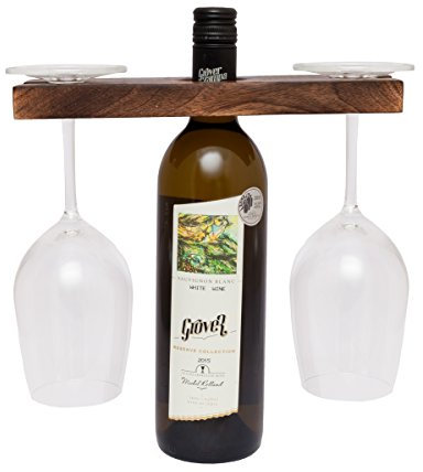 GoCraft Wine Bottle & Glass Holder | Handmade Antique Wood Stand for Wine for Two Glasses & Bottle