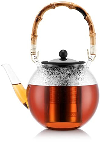 Bodum Assam Teebereiter mit Edelstahlfilter und Henkel, Glas, Bambus/transparent Edelstahl, 16.4 cm, 16.4 x 20.3 x 27.4 cm