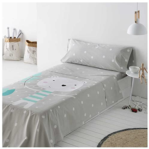 COTTON ARTean Juego sabanas Infantil Cama 90 Algodón Jorge Gris | Incluye 3 piezas: encimera, bajera ajustable, 1 funda de almohada. Certificado OEKO-TEX