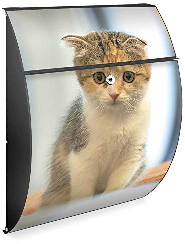 banjado Design Briefkasten - Modell Riviera 46x33,5x13cm groß - verzinkter Stahl anthrazit - Postkasten Öffnungsstopp großer A4 Einwurf Zylinderschloss 2 Schlüssel - Motiv Kleine Katze